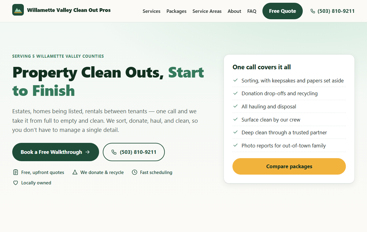 Home page of the Willamette Valley Clean Out Pros website